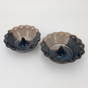 Ceramic Apple Baker Dish Handmade Clement Clayworks Pottery Blue Cream Bakeware